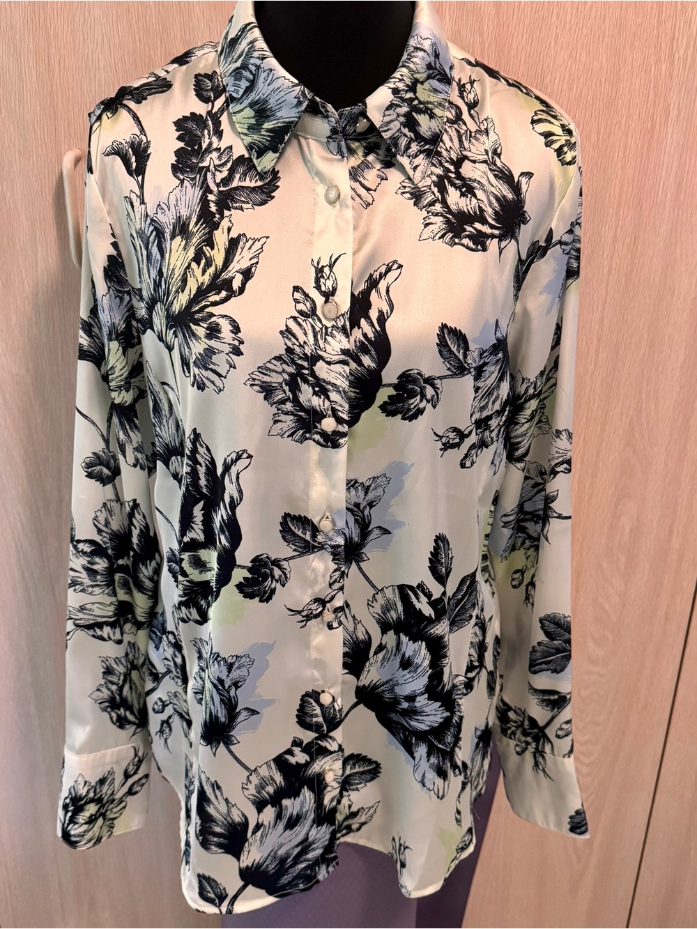 Philosophy Clothing Cream Blouse with Black and Blue Floral Print